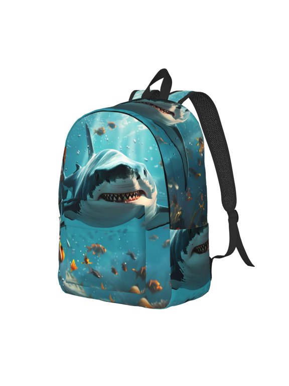 Realistic Ocean Shark Print Canvas Backpack for Women & Men Retro Aesthetic Rucksack Basic Backpack for High School/College Students Travel Laptop Bag