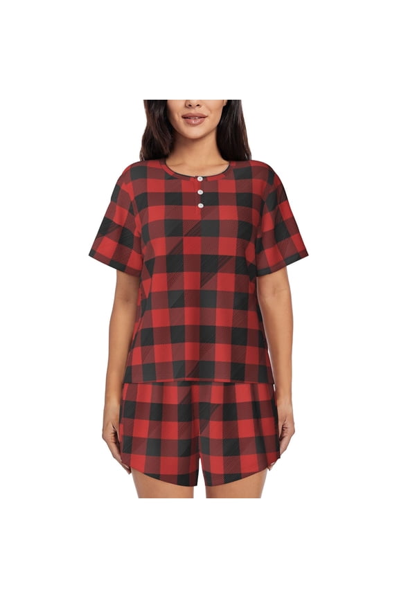 Red Black Plaid Print Womens Pajama Sets 2 Piece Soft Short Sleeve Top and Shorts Sleepwear Round Neck Pjs Lounge Set
