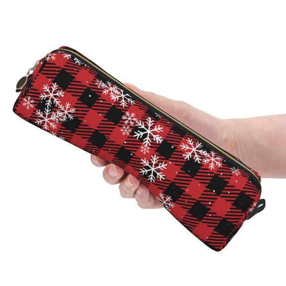Ratiio Red Buffalo Plaid Pattern Leather Pencil Case, Pencil Pouch with Durable Zipper, Compact and Stylish Organizer for Stationery, Art Supplies, Travel Essentials