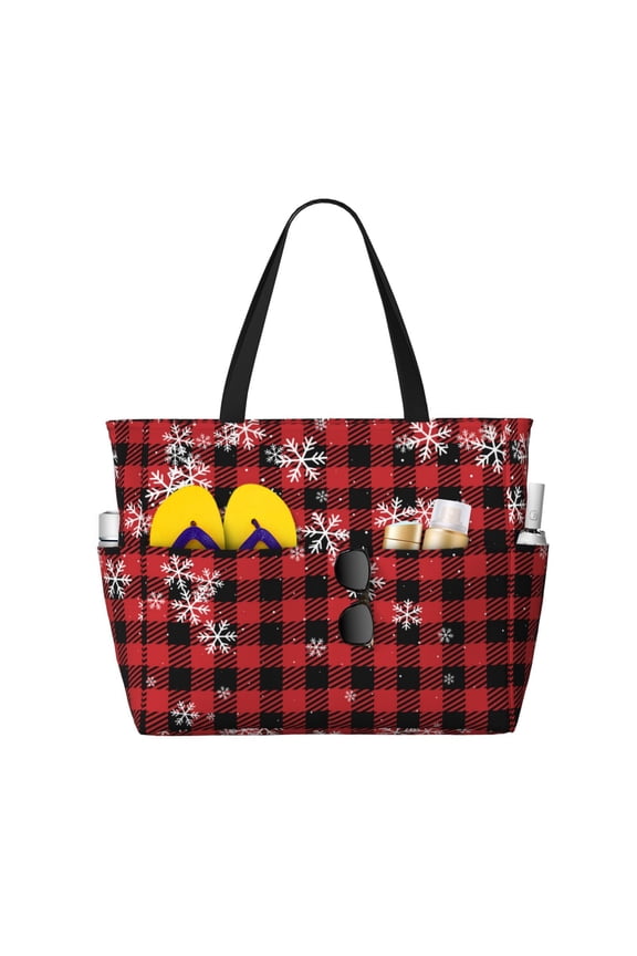 Red Buffalo Plaid Print Large Capacity Beach Travel Bag, Polyester Waterproof Tote Bag with Zipper for Vacation and Daily Use