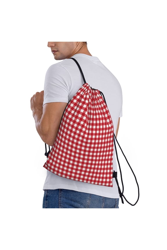 Red Checkboard Print Drawstring Backpack Bag Sport Gym Sackpack Heavy Duty String Backpack for Men Women