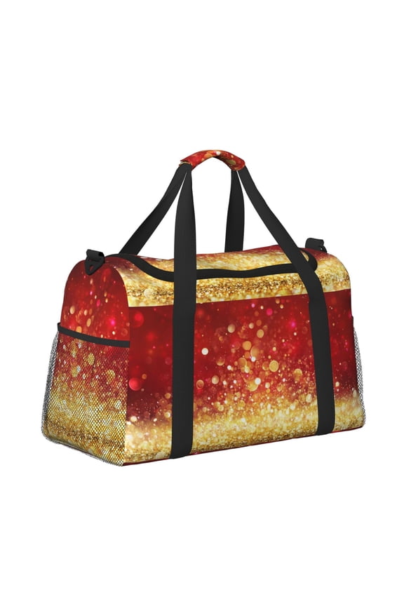 Red Gold Glitter Pattern Hand Travel Bag, Weekender Carry On for Women Men, Sports Gym Bag, Workout Duffel Bag, Overnight Shoulder Bag fit 15.6 Inch Laptop