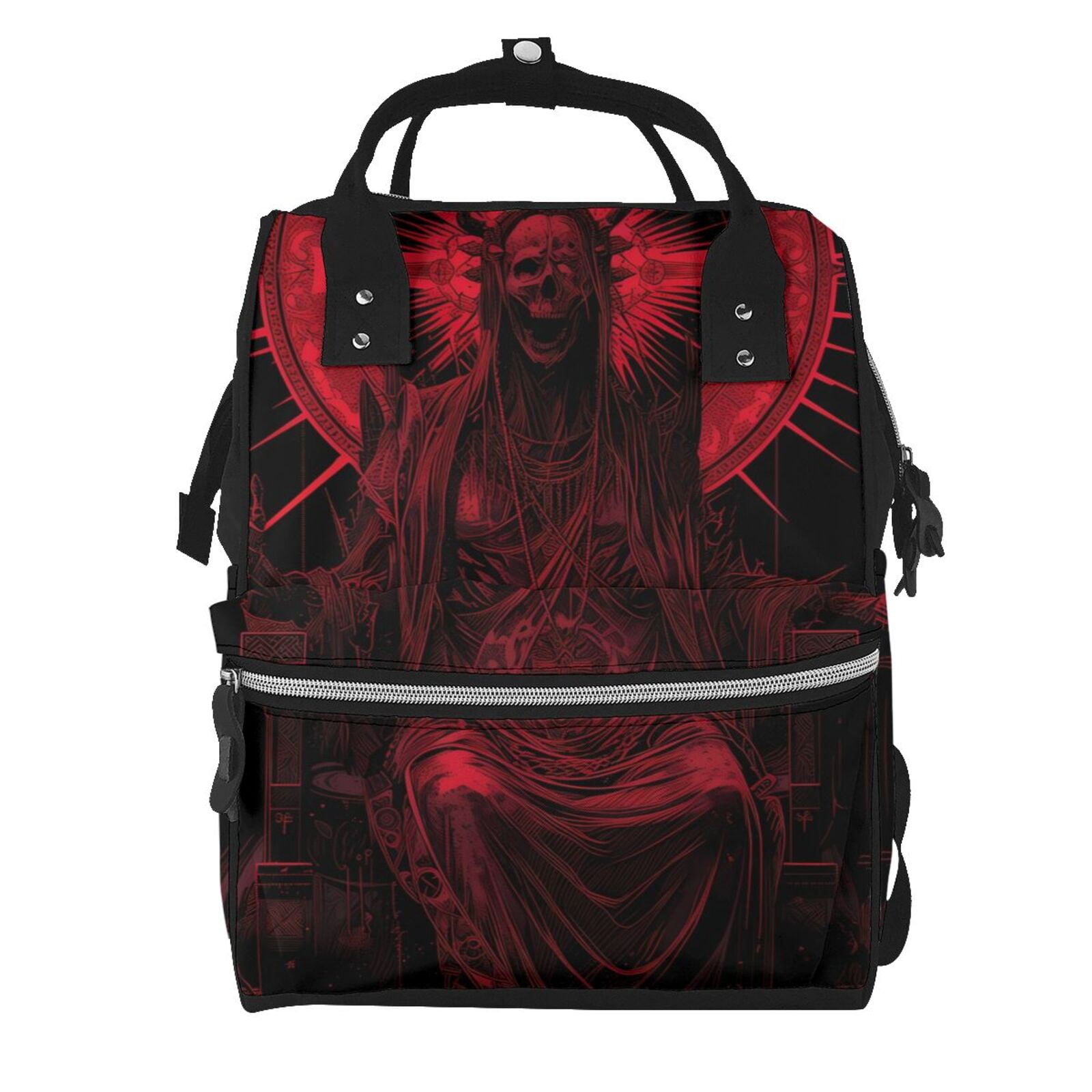 Ratiio Red Gothic Skeleton Throne Mummy Backpack - Waterproof Twill Canvas, Large Capacity Diaper Bag with Multiple Pockets and Adjustable Straps