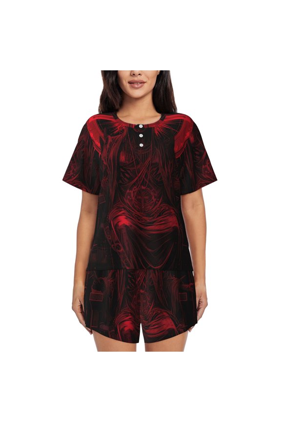 Red Gothic Skeleton Throne Print Womens Pajama Sets 2 Piece Soft Short Sleeve Top and Shorts Sleepwear Round Neck Pjs Lounge Set