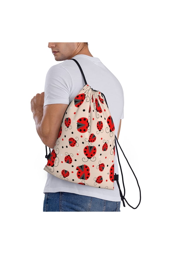 Red Ladybug Print Drawstring Backpack Bag Sport Gym Sackpack Heavy Duty String Backpack for Men Women