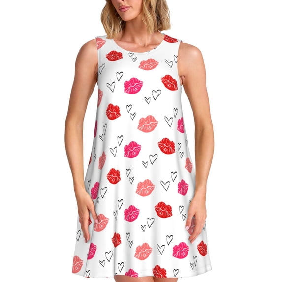 Ratiio Red Lips 1 Pattern Women's Sleeveless Dress - Casual Summer Dress with Pockets, Above Knee Length, Round Neck, Ideal for Beach, Vacation, Work