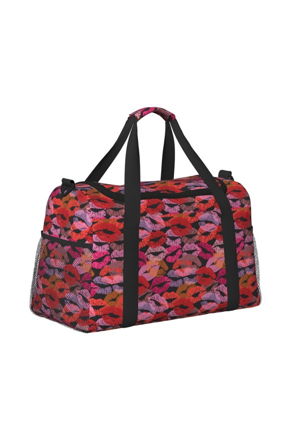 Red Lips Kissing Pattern Hand Travel Bag, Weekender Carry On for Women Men, Sports Gym Bag, Workout Duffel Bag, Overnight Shoulder Bag fit 15.6 Inch Laptop