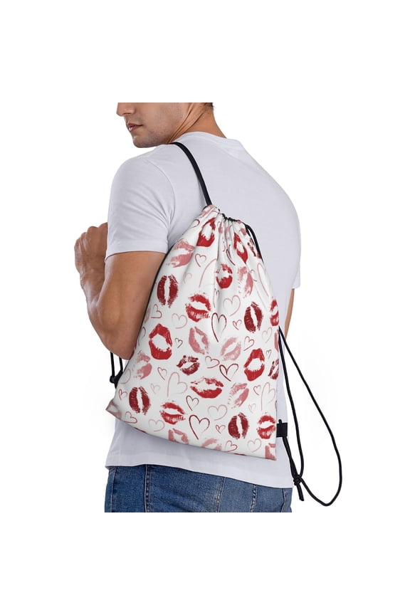 Red Lips Print Drawstring Backpack Bag Sport Gym Sackpack Heavy Duty String Backpack for Men Women