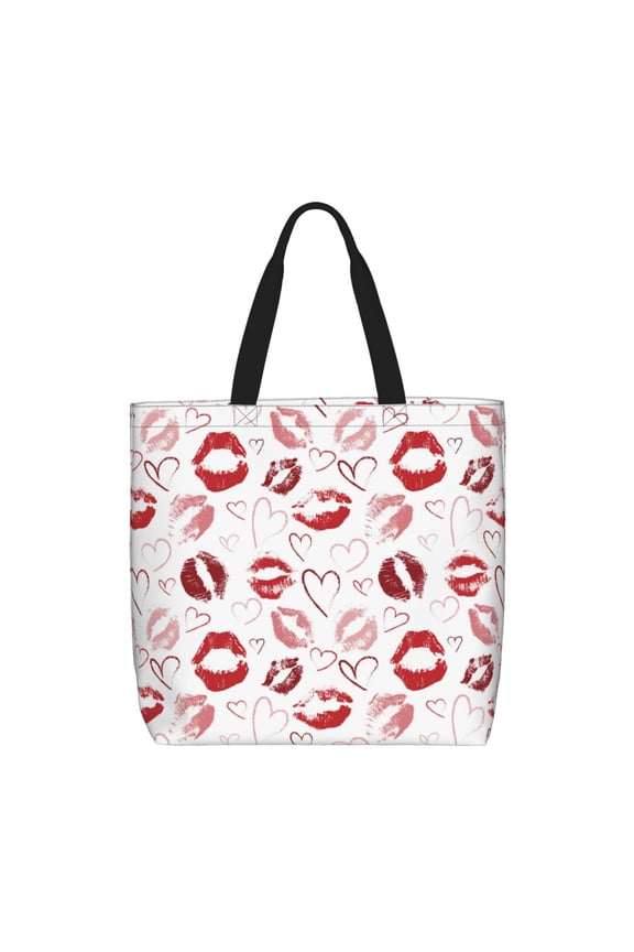 Red Lips Print Reusable Grocery Bag Shopping Bags with Zipper Shoulder Shopping Handle Bag Suitable for Outdoor Convenient Daily Bag