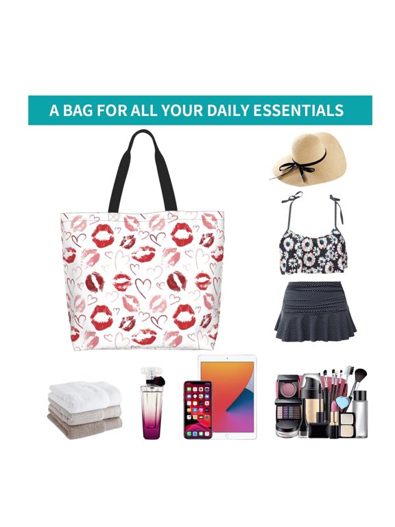 Red Lips Print Reusable Grocery Bags - Washable, Foldable, Packable Tote, Large Handles, Heavy Duty, Zippered Top Pouch