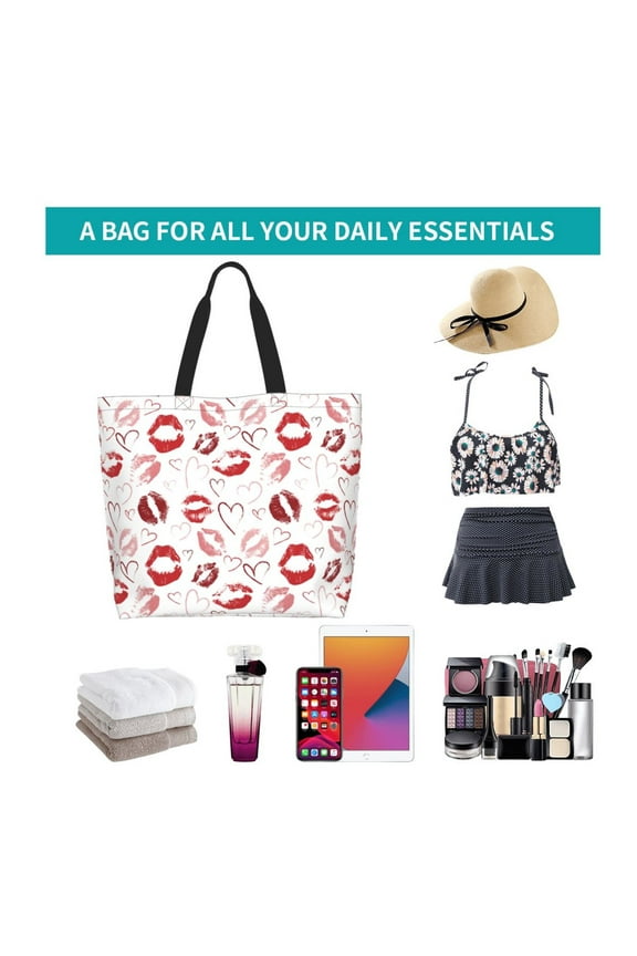 Red Lips Print Reusable Grocery Bags - Washable, Foldable, Packable Tote, Large Handles, Heavy Duty, Zippered Top Pouch