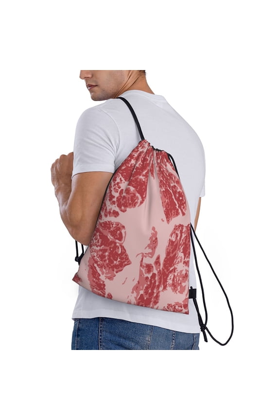 Red Meat Print Drawstring Backpack Bag Sport Gym Sackpack Heavy Duty String Backpack for Men Women