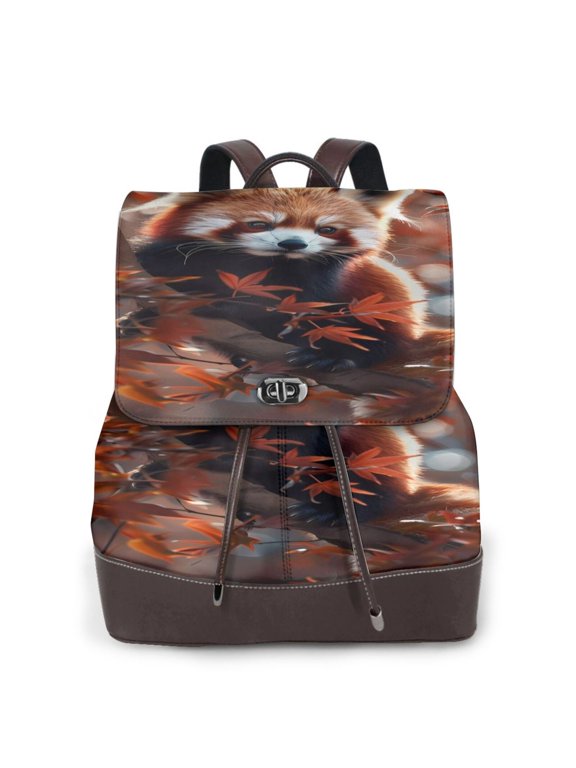 Red Panda Autumn Branches Pattern Womens Backpack Purse Leather Backpack Purse for Women Travel Fashion Backpack Designer Ladies Shoulder Bags