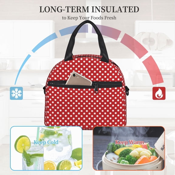 Ratiio Red Polka Dot Pattern Lunch Bag ,Insulated Lunch Box, Small Leakproof Cooler Food Lunch Containers Reusable High Capacity Lunch Tote Bags
