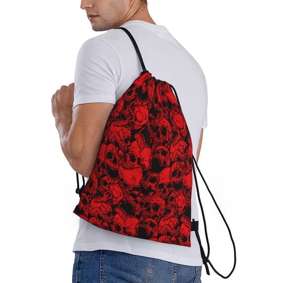 Ratiio Red Skulls 3 Print Drawstring Backpack Bag Sport Gym Sackpack Heavy Duty String Backpack for Men Women