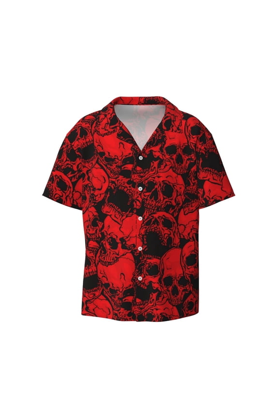 Red Skulls 3 Print Mens Casual Short Sleeve Shirts Button Down Textured Shirts Summer Beach Shirt with Pocket Men's Casual Short-sleeved Shirt
