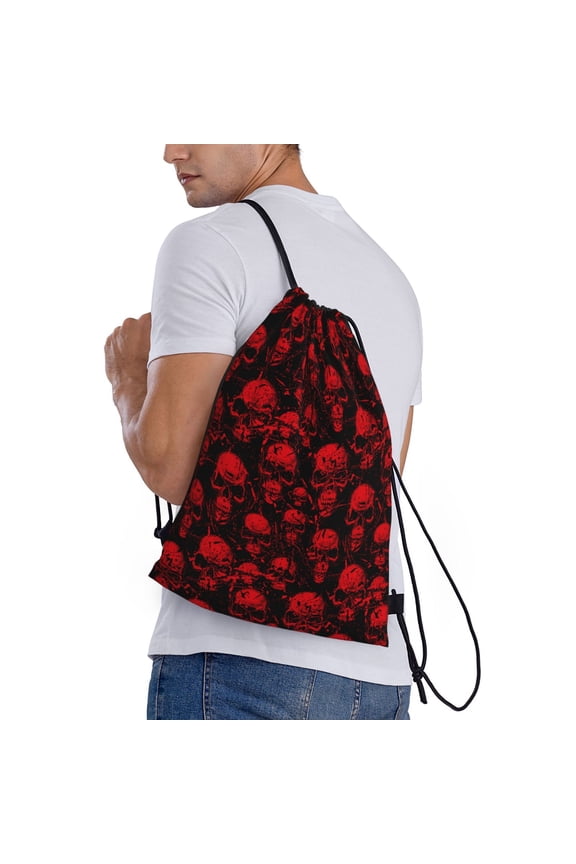 Red Skulls Print Drawstring Backpack Bag Sport Gym Sackpack Heavy Duty String Backpack for Men Women