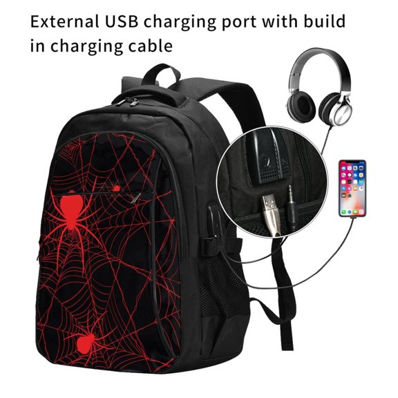 Ratiio Red Spider On The Web Print Travel Laptop Backpack,Slim Sturdy Laptops Backpack with USB Charging Port, Water Resistant College School Computer Bag