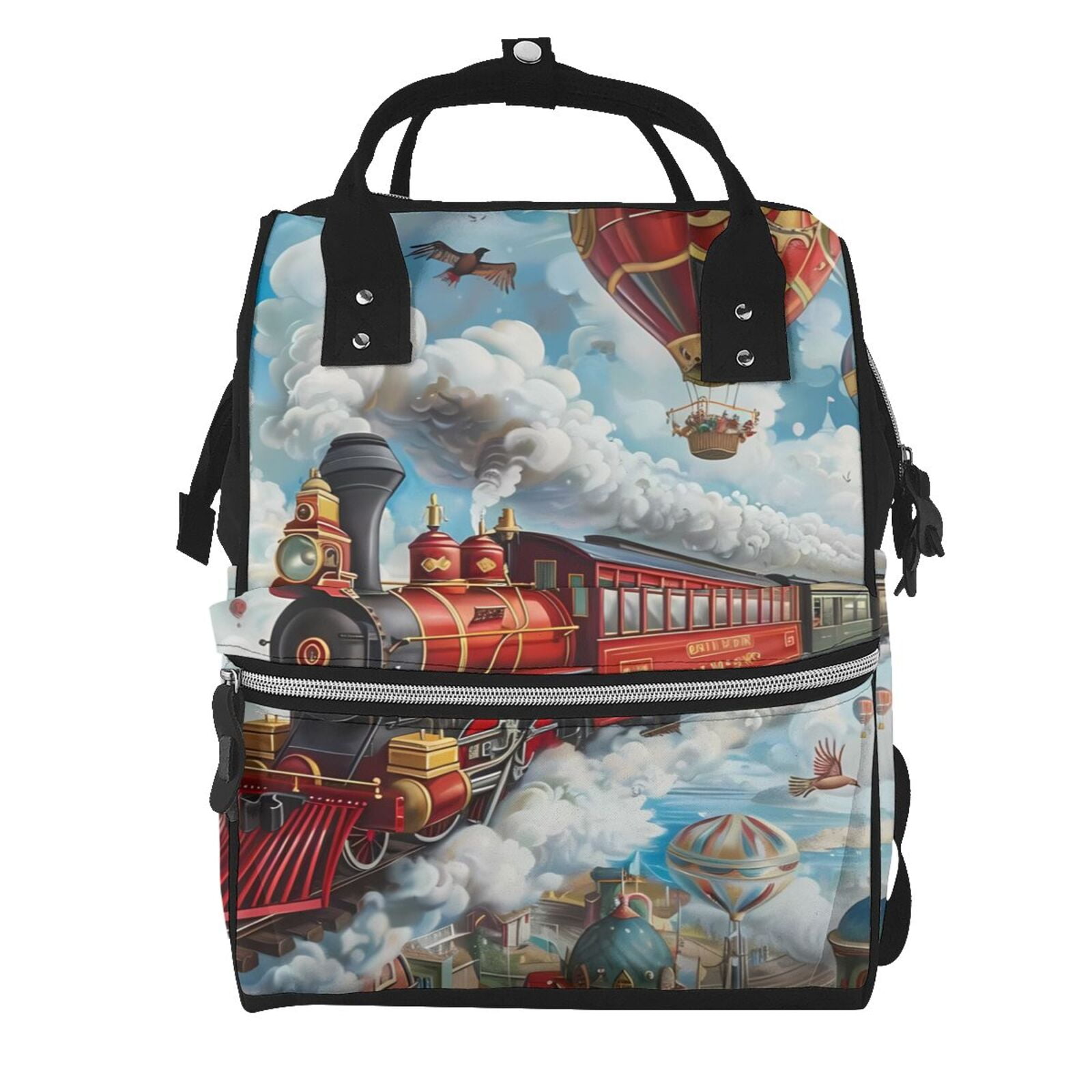 Ratiio Red Train Hot Air Balloon Mummy Backpack - Waterproof Twill Canvas, Large Capacity Diaper Bag with Multiple Pockets and Adjustable Straps