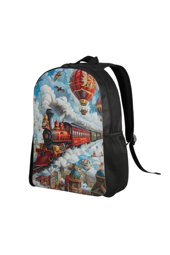 Red Train Hot Air Balloon Print Backpack with Padded 15-inch Laptop Sleeve- Spacious and Durable Daypack for Work and Travel
