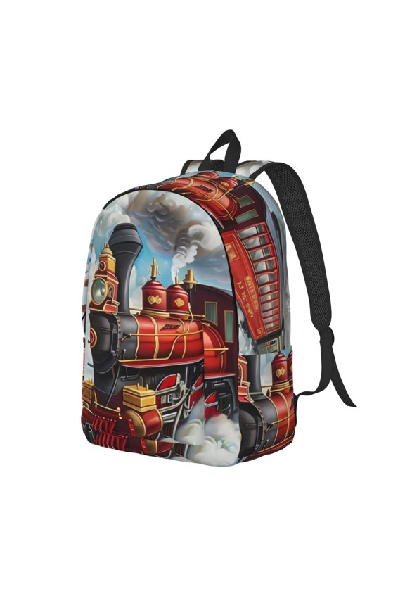 Red Train Hot Air Balloon Print Canvas Backpack for Women & Men Retro Aesthetic Rucksack Basic Backpack for High School/College Students Travel Laptop Bag