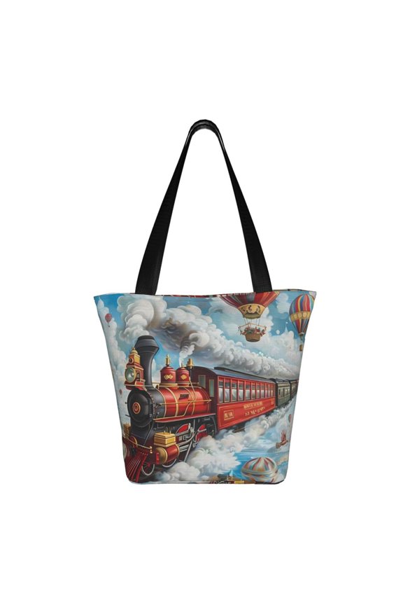 Red Train Hot Air Balloon Print Shoulder Bag for Women, Polyester Crossbody Purse Lightweight Handbag for Daily Travel and Casual Use