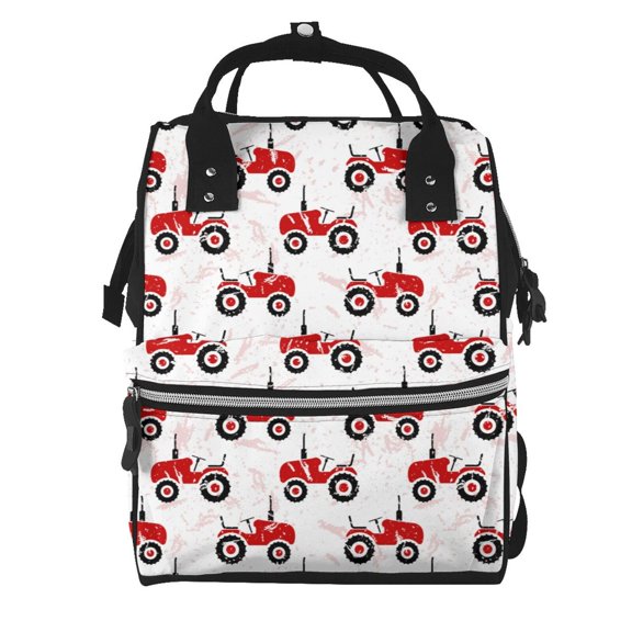 Ratiio Red Wheeled Tractors Mummy Backpack - Waterproof Twill Canvas, Large Capacity Diaper Bag with Multiple Pockets and Adjustable Straps