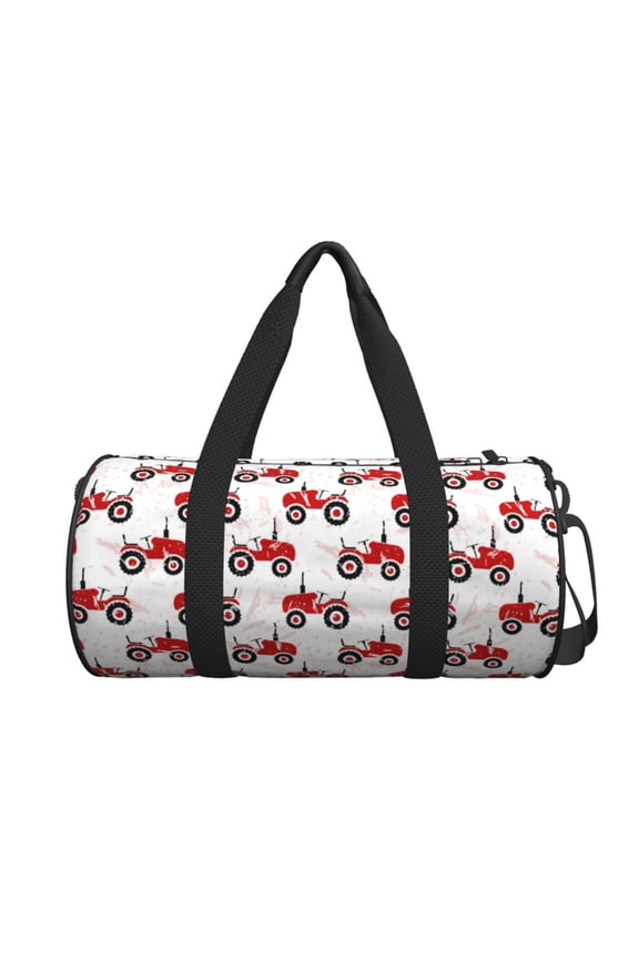 Red Wheeled Tractors Pattern Foldable Sports Gym Bag with Wet Dry Pocket, Ultralight Travel Bag, Large Capacity Duffel Bag, Splash Proof Carry on Bag, Overnight Bag, Weekender Bag for Travel