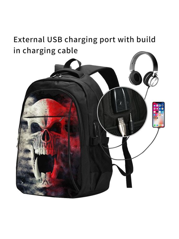 Red And White Screaming Demon Skull Print Travel Laptop Backpack,Slim Sturdy Laptops Backpack with USB Charging Port, Water Resistant College School Computer Bag