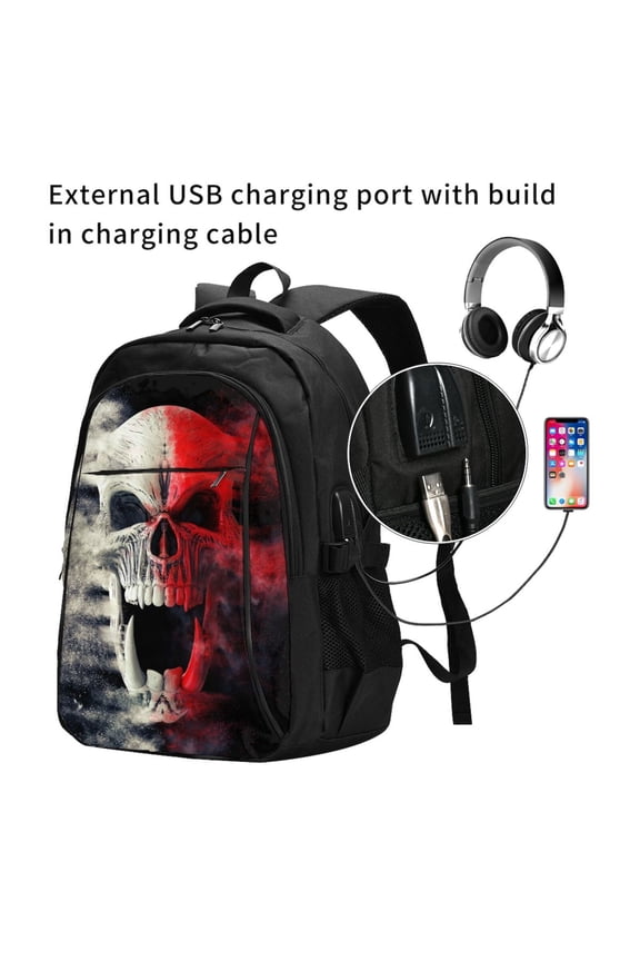 Red And White Screaming Demon Skull Print Travel Laptop Backpack,Slim Sturdy Laptops Backpack with USB Charging Port, Water Resistant College School Computer Bag