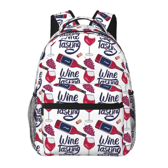 Ratiio Red Wine Glass Bottle Print Eco-Friendly Casual Backpack, Water-Resistant Polyester Canvas Daypack with Smooth Zippers, Comfortable & Durable Travel Bag with Laptop Compartment