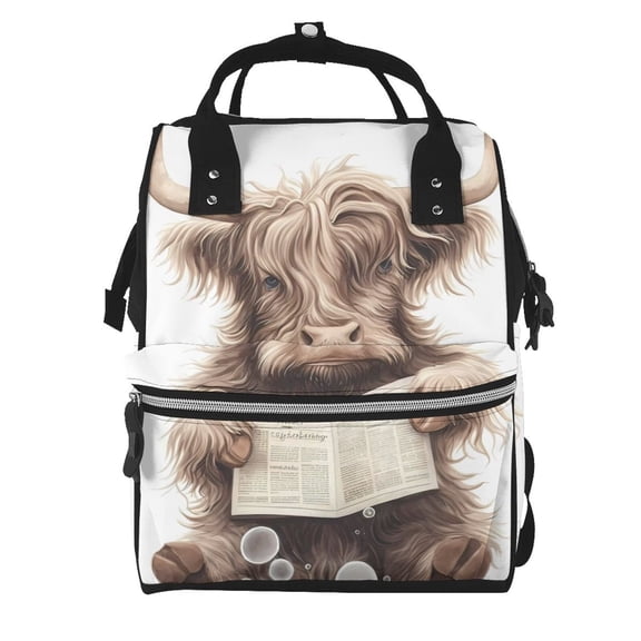 Ratiio Relaxed Cute Cow Reading Mummy Backpack - Waterproof Twill Canvas, Large Capacity Diaper Bag with Multiple Pockets and Adjustable Straps