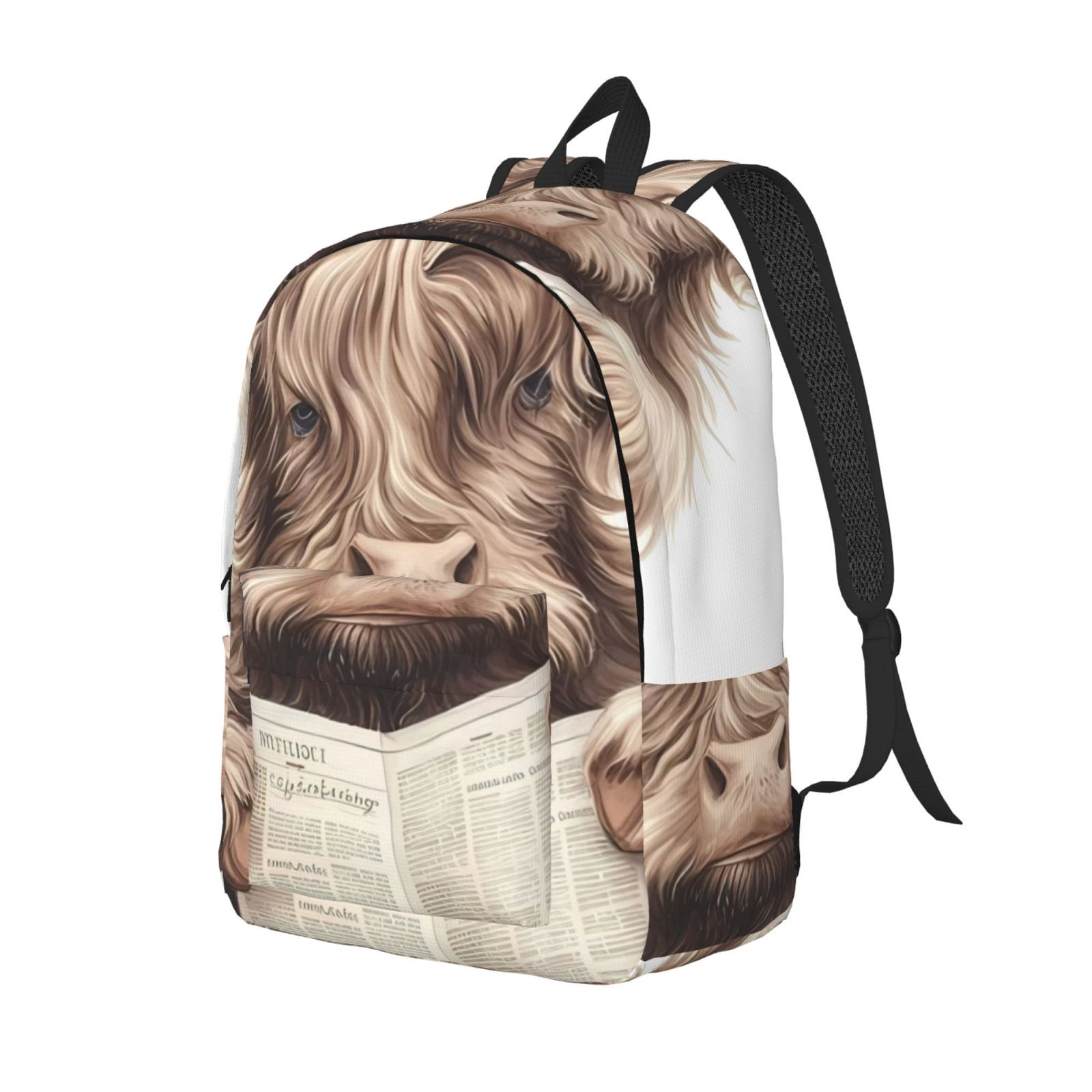 Ratiio Relaxed Cute Cow Reading Print Canvas Backpack for Women & Men Retro Aesthetic Rucksack Basic Backpack for High School/College Students Travel Laptop Bag