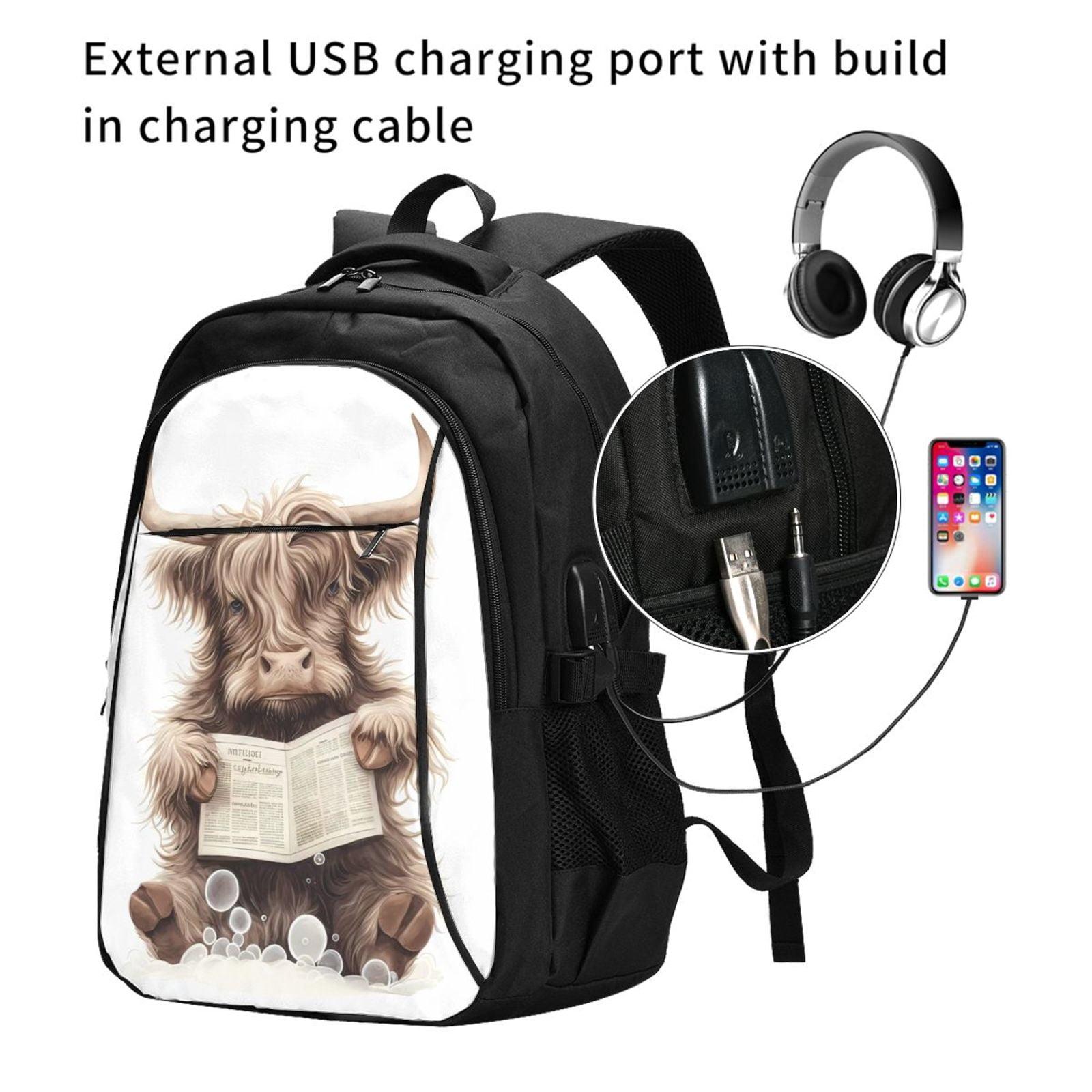 Ratiio Relaxed Cute Cow Reading Print Travel Laptop Backpack,Slim Sturdy Laptops Backpack with USB Charging Port, Water Resistant College School Computer Bag