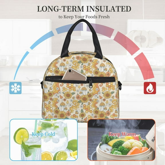 Ratiio Retro 70s 60s Flower Pattern Lunch Bag ,Insulated Lunch Box, Small Leakproof Cooler Food Lunch Containers Reusable High Capacity Lunch Tote Bags