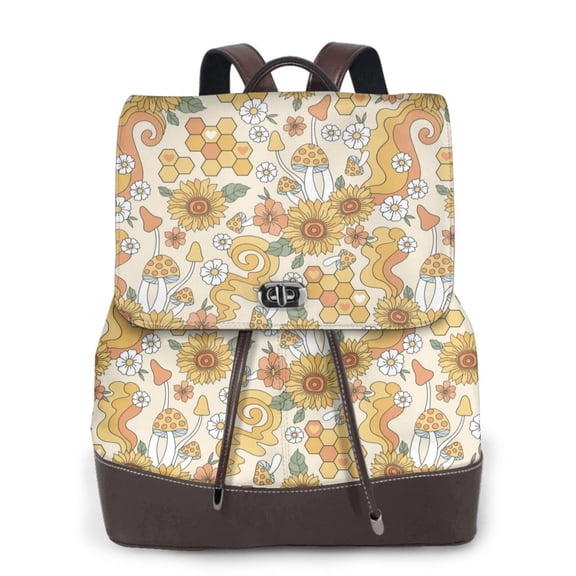 Ratiio Retro 70s 60s Flower Pattern Womens Backpack Purse Leather Backpack Purse for Women Travel Fashion Backpack Designer Ladies Shoulder Bags