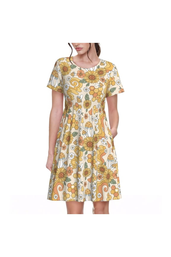 Retro 70s 60s Flower Print Women's Short Sleeve Dress - Casual A-Line Dress with Side Pockets, Elastic Waist, Comfortable and Breathable Summer Dress