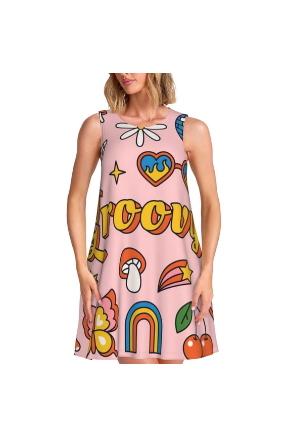 Retro 70s Hippie Pattern Women's Sleeveless Dress - Casual Summer Dress with Pockets, Above Knee Length, Round Neck, Ideal for Beach, Vacation, Work