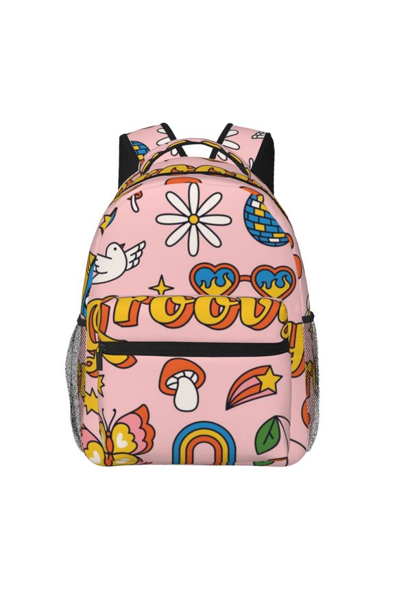 Retro 70s Hippie Print Eco-Friendly Casual Backpack, Water-Resistant Polyester Canvas Daypack with Smooth Zippers, Comfortable & Durable Travel Bag with Laptop Compartment