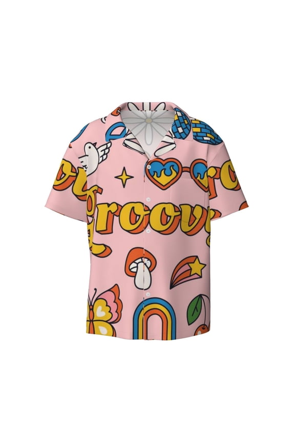 Retro 70s Hippie Print Mens Casual Short Sleeve Shirts Button Down Textured Shirts Summer Beach Shirt with Pocket Men's Casual Short-sleeved Shirt