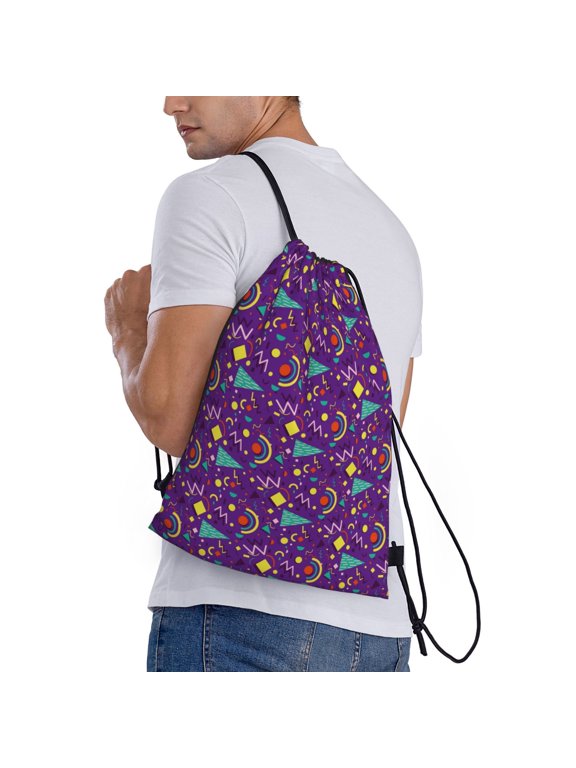 Retro 80s Style Print Drawstring Backpack Bag Sport Gym Sackpack Heavy Duty String Backpack for Men Women