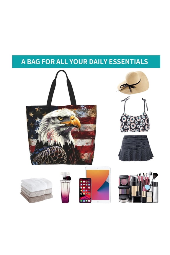 Retro American Eagle A Print Reusable Grocery Bags - Washable, Foldable, Packable Tote, Large Handles, Heavy Duty, Zippered Top Pouch