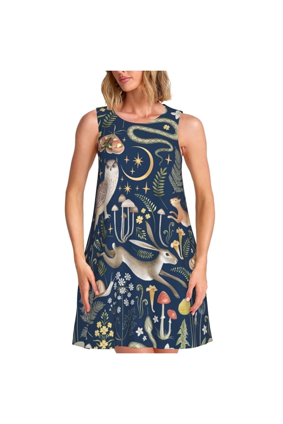 Retro Forest Animals Pattern Women's Sleeveless Dress - Casual Summer Dress with Pockets, Above Knee Length, Round Neck, Ideal for Beach, Vacation, Work