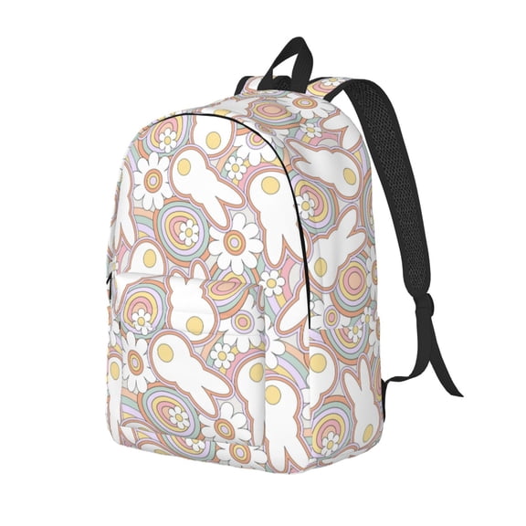 Ratiio Retro Hippie Groovy Easter bunny Print Canvas Backpack for Women & Men Retro Aesthetic Rucksack Basic Backpack for High School/College Students Travel Laptop Bag