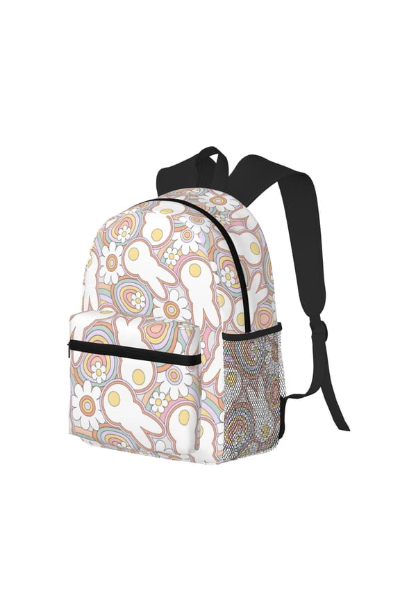 Retro Hippie Groovy Easter bunny Print Casual Backpack for Men and Women, Water Resistant Oxford Fabric School Bag Lightweight Travel Daypack