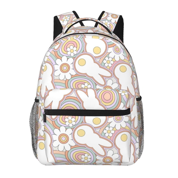 Ratiio Retro Hippie Groovy Easter bunny Print Eco-Friendly Casual Backpack, Water-Resistant Polyester Canvas Daypack with Smooth Zippers, Comfortable & Durable Travel Bag with Laptop Compartment