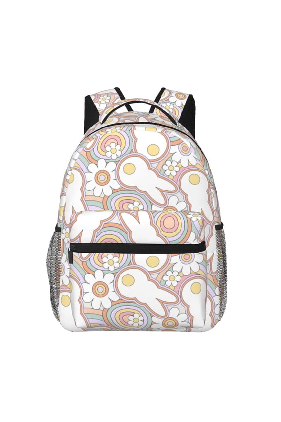 Retro Hippie Groovy Easter bunny Print Eco-Friendly Casual Backpack, Water-Resistant Polyester Canvas Daypack with Smooth Zippers, Comfortable & Durable Travel Bag with Laptop Compartment