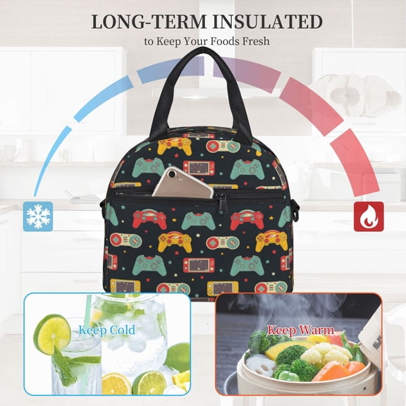 Ratiio Retro Video Game Pattern Lunch Bag ,Insulated Lunch Box, Small Leakproof Cooler Food Lunch Containers Reusable High Capacity Lunch Tote Bags