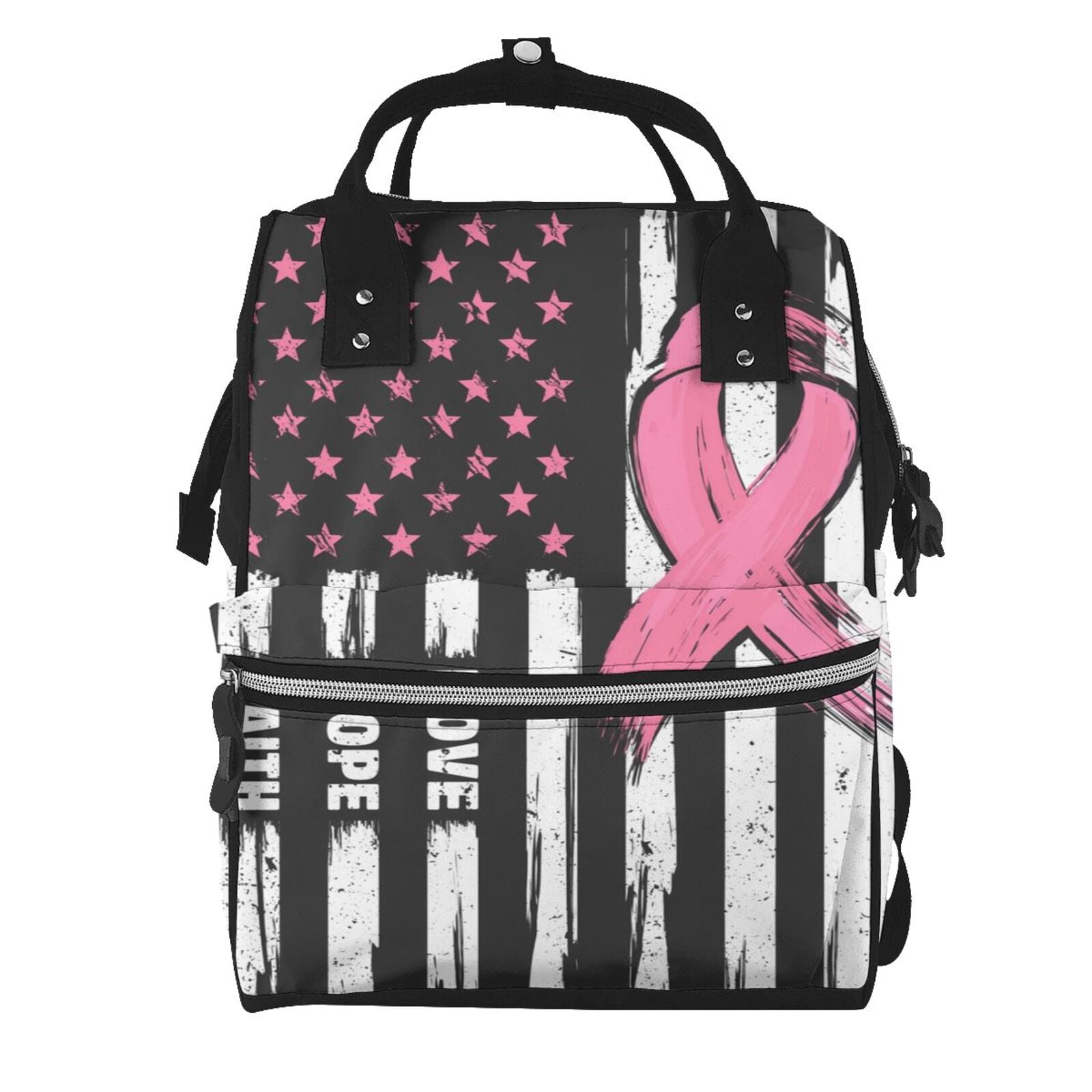 Ratiio Ribbon Breast Cancer Awareness Mummy Backpack - Waterproof Twill Canvas, Large Capacity Diaper Bag with Multiple Pockets and Adjustable Straps
