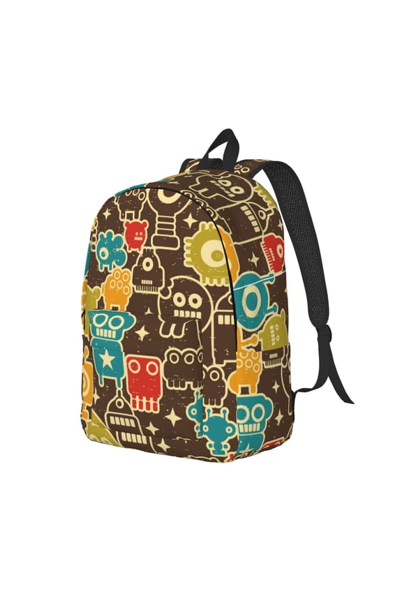 Robot and Monsters Print Canvas Backpack for Women & Men Retro Aesthetic Rucksack Basic Backpack for High School/College Students Travel Laptop Bag